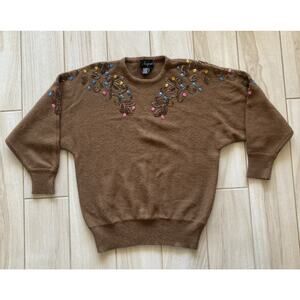 Angenie Brown Beaded Floral Embroidered Sweater Women’s Size M Cozy